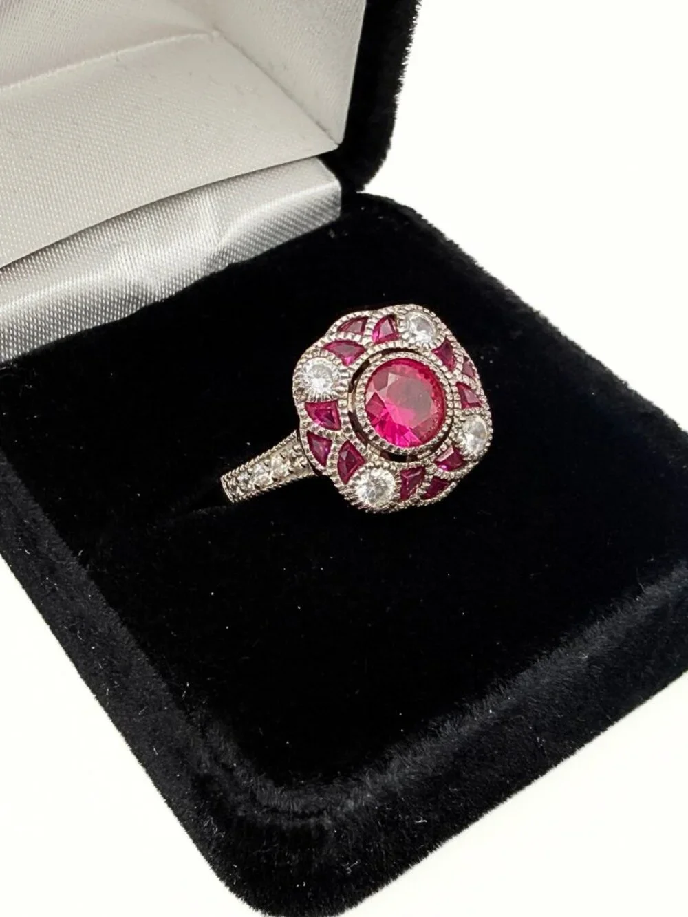 Dainty Art Deco Style Marked Sterling Silver Pink Lab Sapphire CZ Ring Sz 9